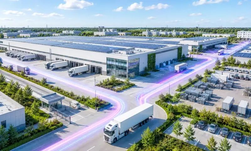 Modernes Logistikzentrum mit elektrischen Lichtspuren